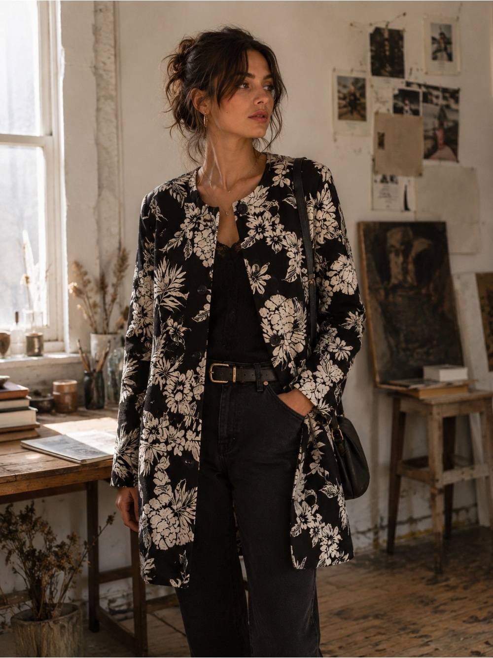 Evan Picone Womens Size Large Floral Black & White Long Sleeve Jacket